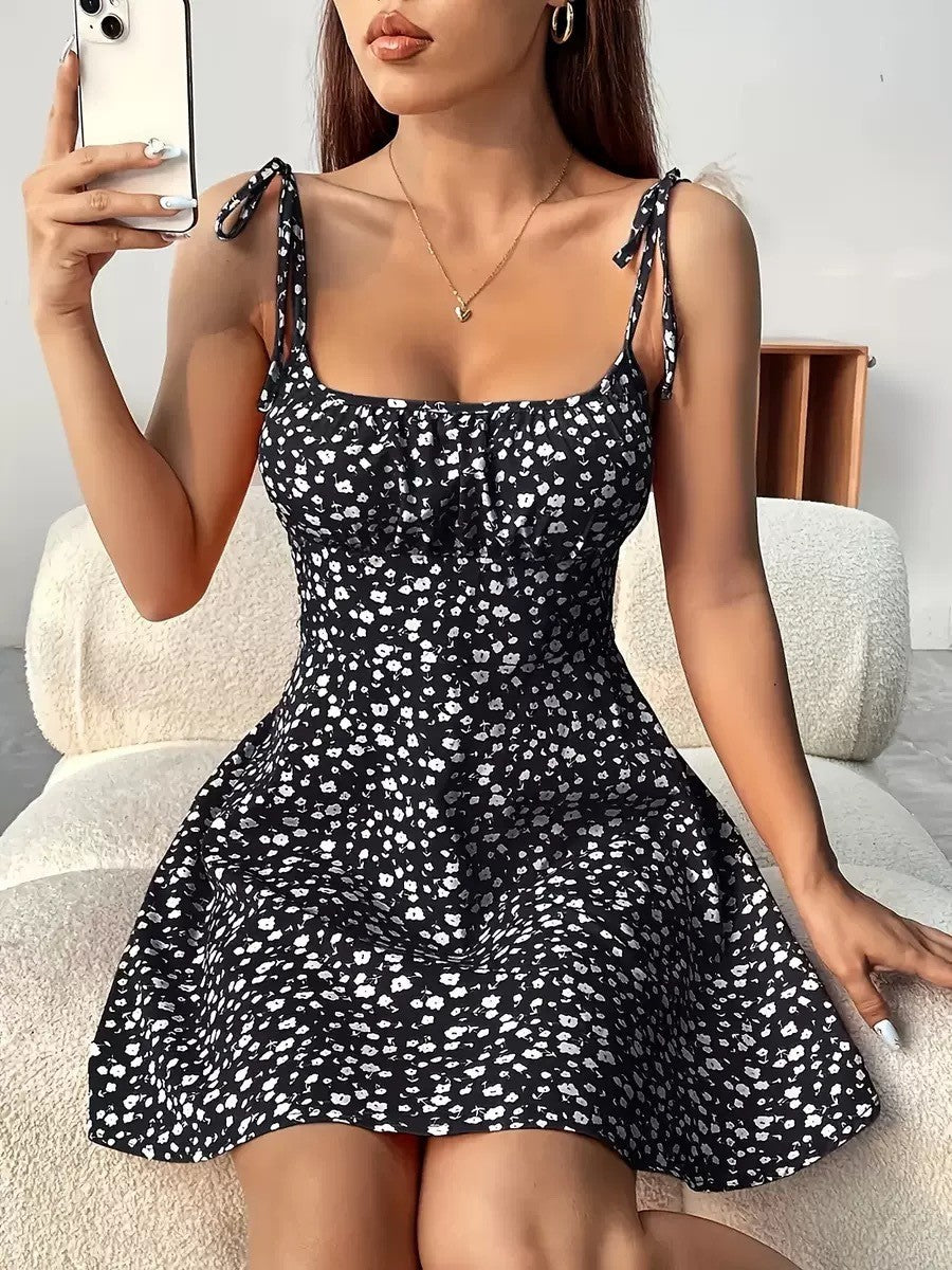 Floral Print Dress Summer Sweet A- Line Waist Trimming Dresses Women's Slimming Casual Clothing - Beautinas