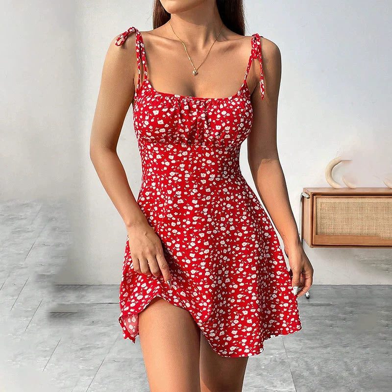 Floral Print Dress Summer Sweet A- Line Waist Trimming Dresses Women's Slimming Casual Clothing - Beautinas