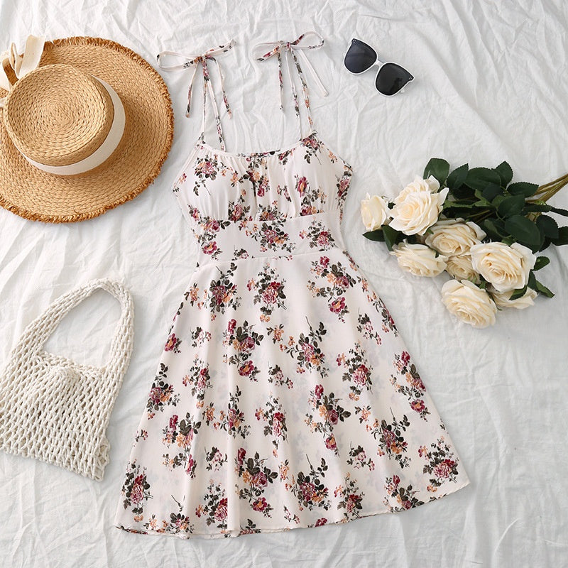 Floral Print Dress Summer Sweet A- Line Waist Trimming Dresses Women's Slimming Casual Clothing - Beautinas