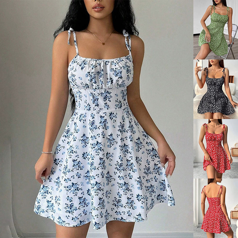 Floral Print Dress Summer Sweet A- Line Waist Trimming Dresses Women's Slimming Casual Clothing - Beautinas