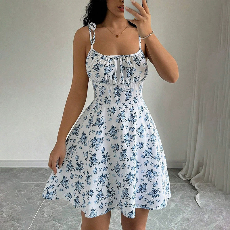 Floral Print Dress Summer Sweet A- Line Waist Trimming Dresses Women's Slimming Casual Clothing - Beautinas