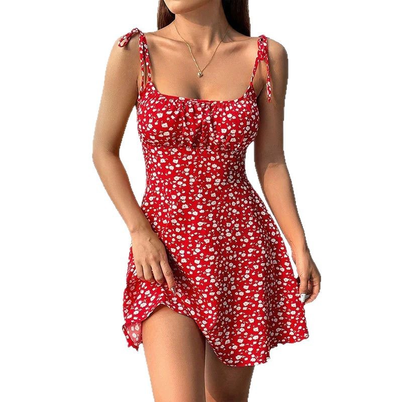 Floral Print Dress Summer Sweet A- Line Waist Trimming Dresses Women's Slimming Casual Clothing - Beautinas